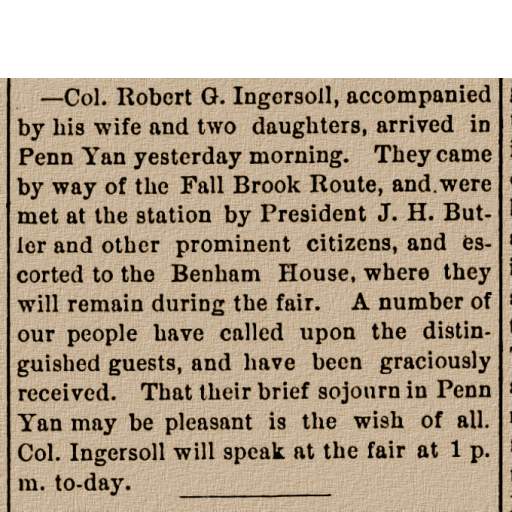 Newspaper Clipping Announces Ingersolls' Arrival